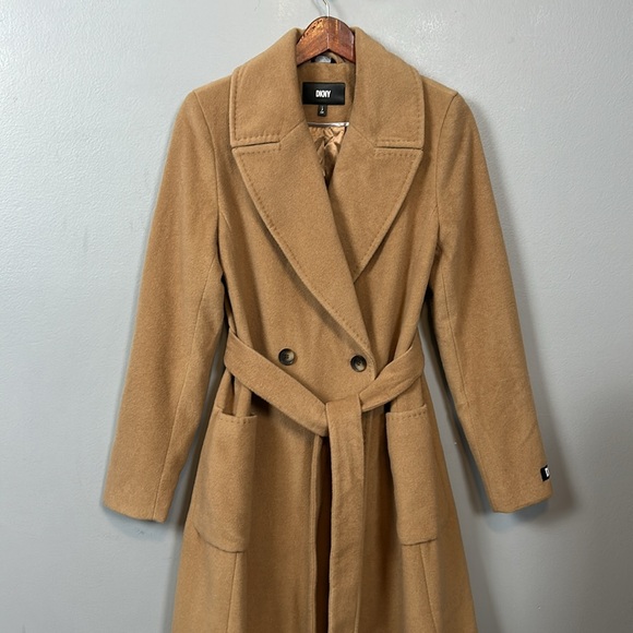 Dkny Wool Blend Double Breasted Single Button Belted Tan Midi Coat size S - Picture 3 of 16